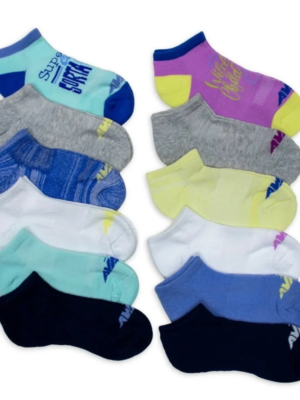 Avia No-Show Athletic Socks in Aqua, Blue, Purple & Yellow - 12 Pair